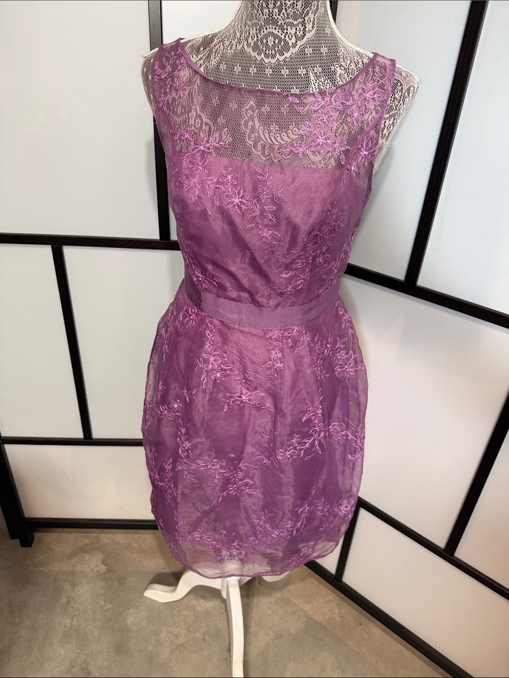 David's Bridal Purple Lace Illusion Neck Mini Dress